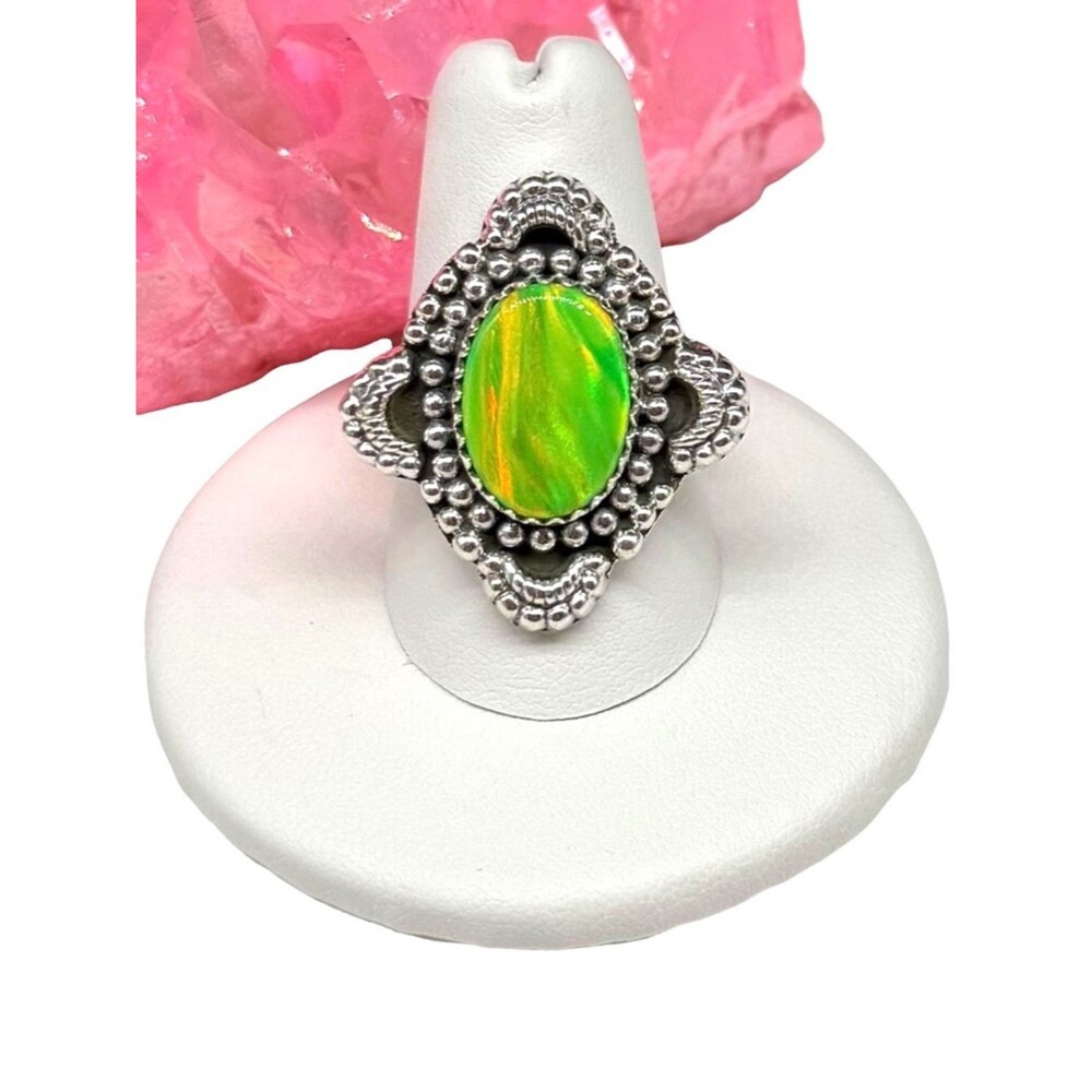 Aura Aurora Fire Opal Ring Size 8.5 Solid 925 Sterling Silver Lime Green Oval